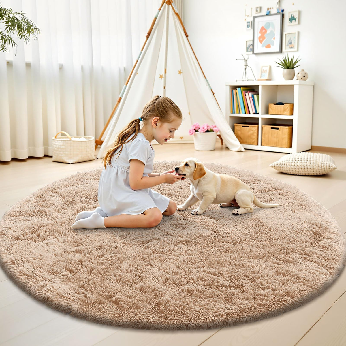 OLANLY round rug with soft fluffy fur for plush play areas