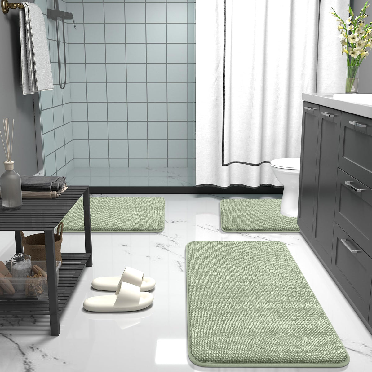 OLANLY sage green decor bath mat adds subtle luxury to bathroom styling.