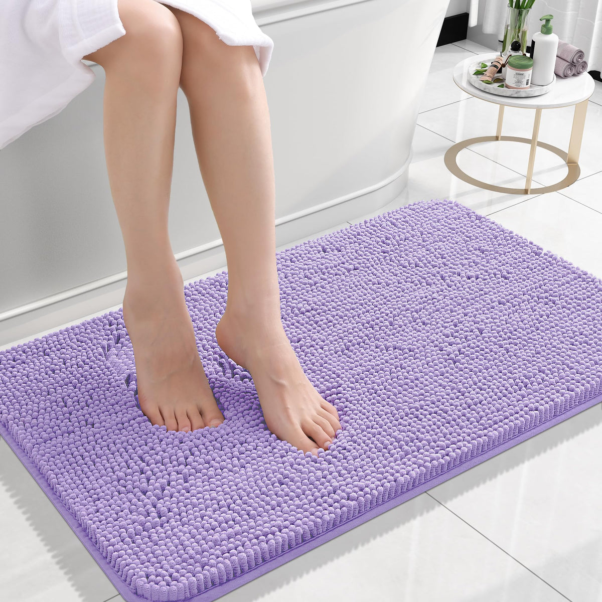OLANLY lavender chenille rug close-up showing plush pile for cozy feet.