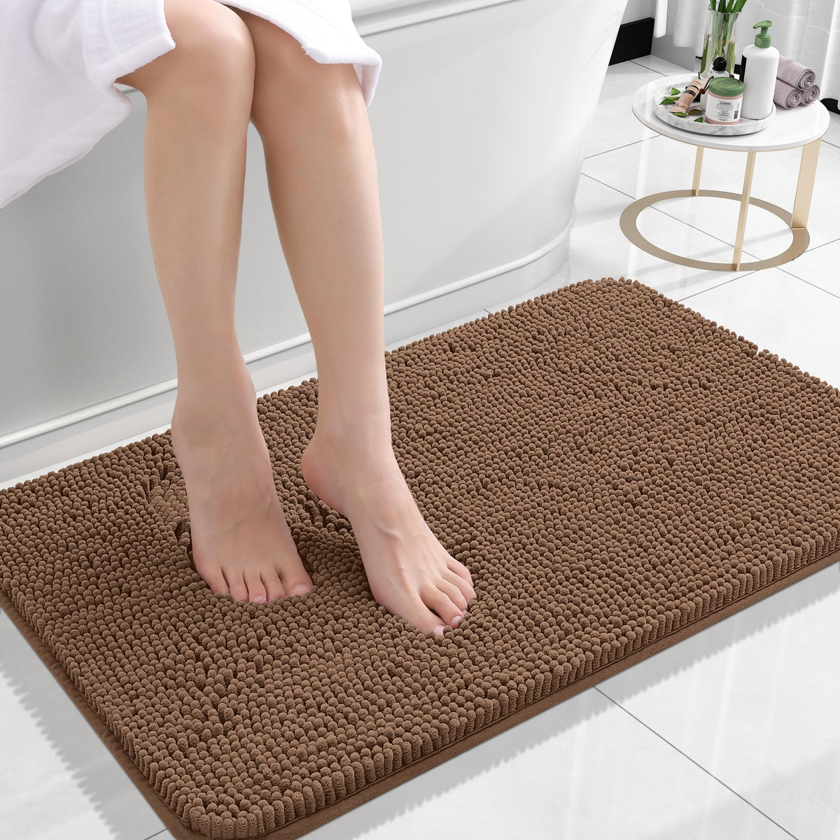 OLANLY Mocha soft-chenille bath rug with plush surface for warm feet