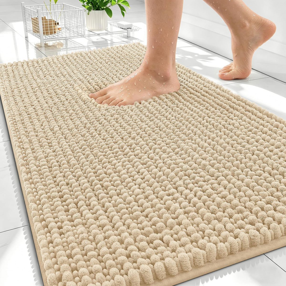 OLANLY thick beige bath rug with ultra-soft chenille for spa-like comfort.