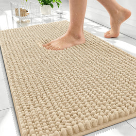 OLANLY thick beige bath rug with ultra-soft chenille for spa-like comfort.