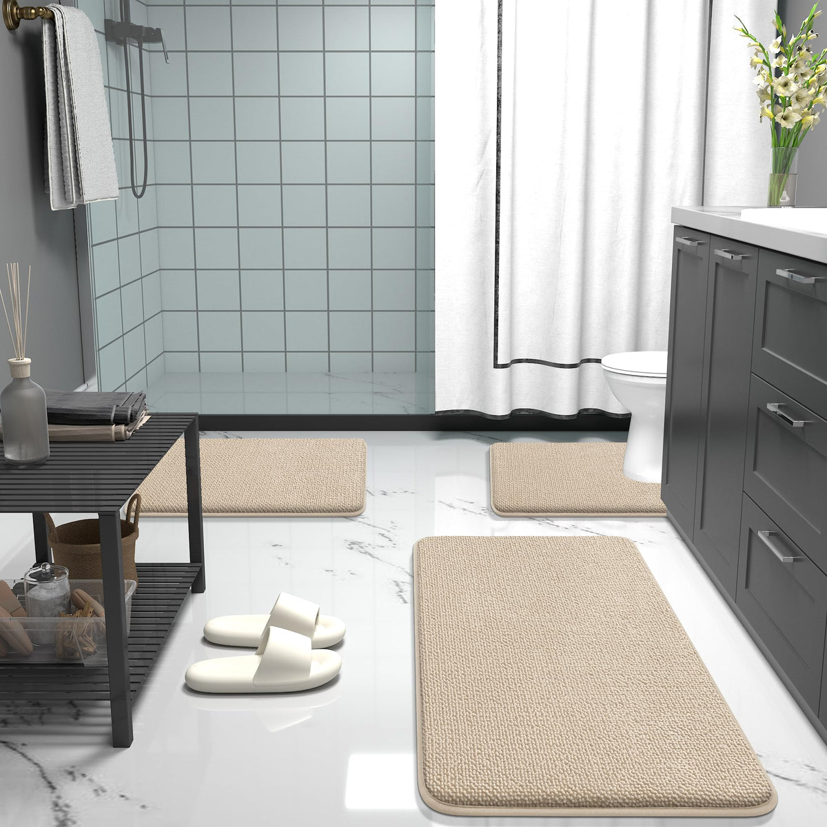 OLANLY bath mat in a cozy bathroom setup improves foot comfort