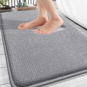 OLANLY thick memory foam bath mat in gray, front view shows plush cloud-like comfort