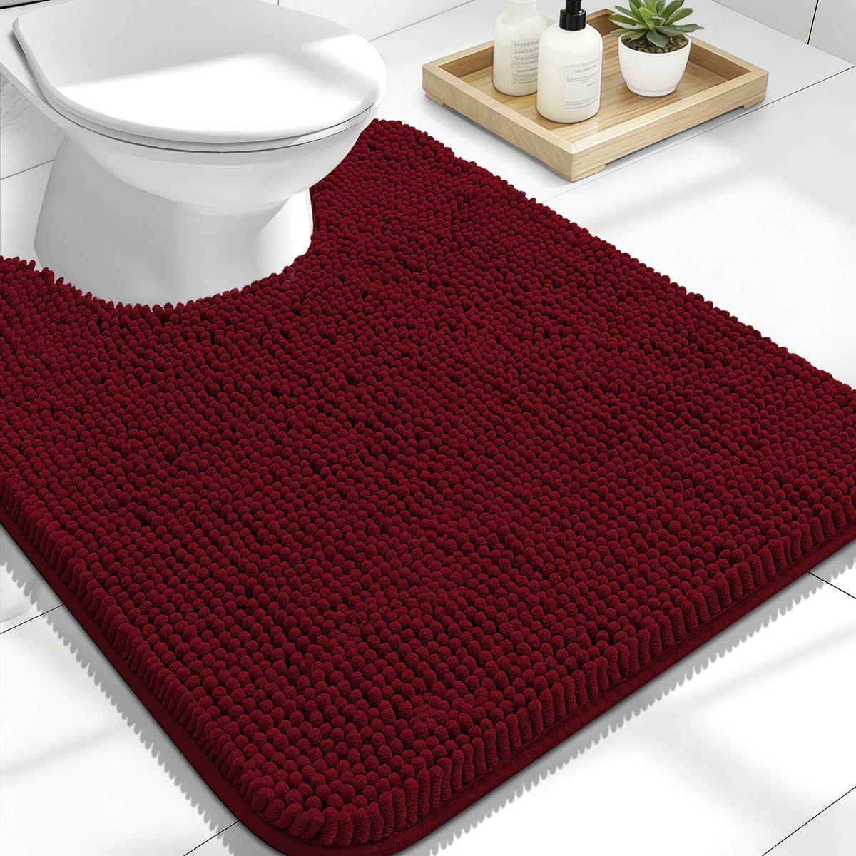 OLANLY U-shaped burgundy toilet rug with contour fit for snug coverage and softness