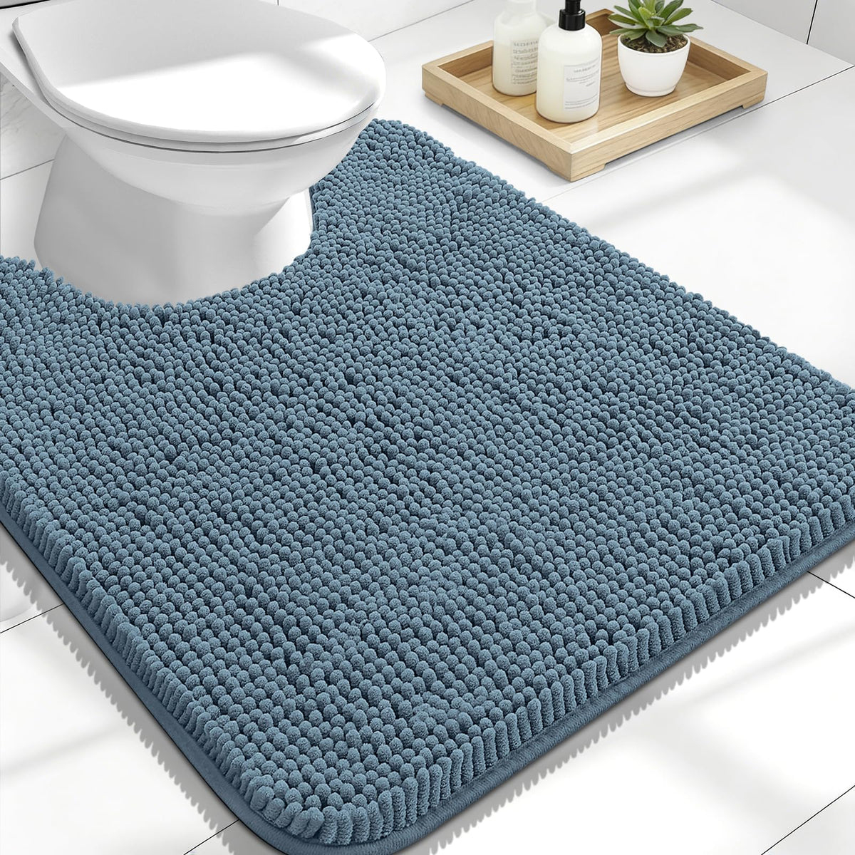 OLANLY toilet rug U-shape 24x20 in airy blue, soft chenille warmth for feet