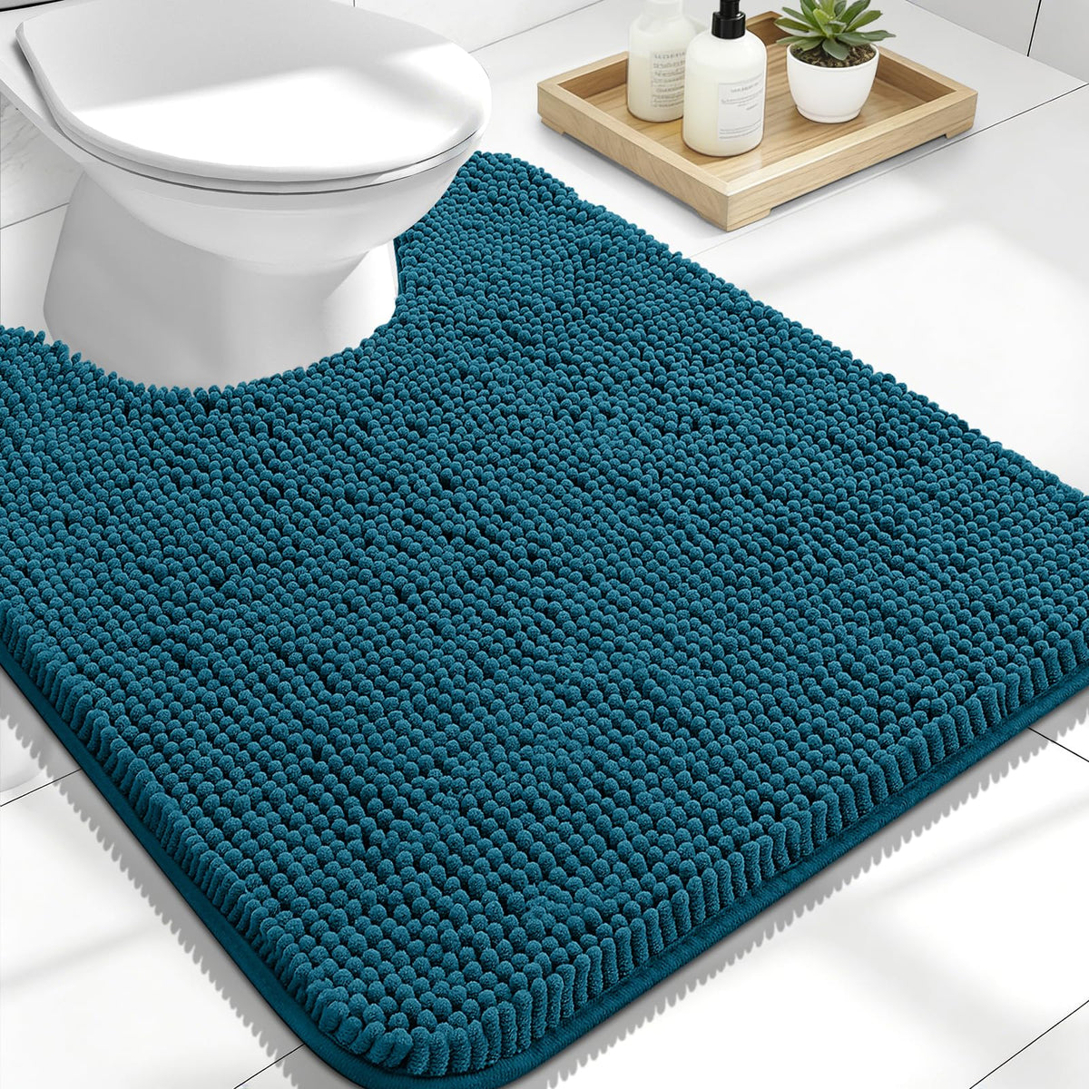 OLANLY U-shaped toilet rug peacock blue offers non-slip stability and quick foot drying.