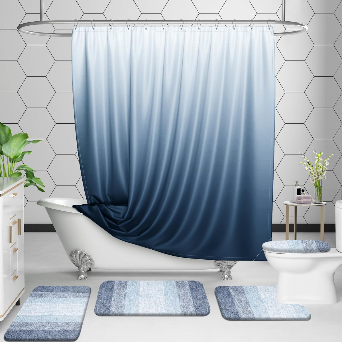 OLANLY vanity area mat blue in front of sink for foot warmth.