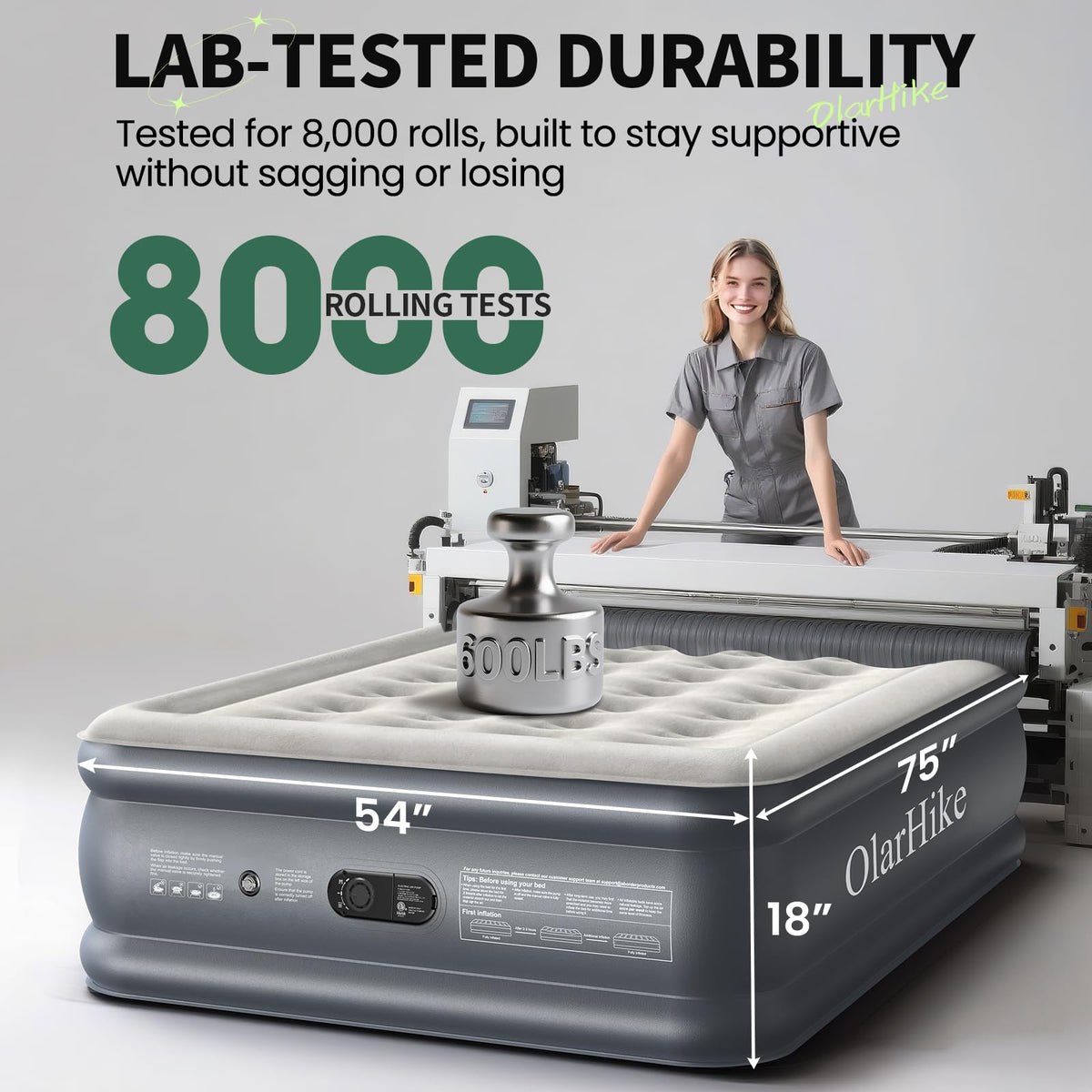 OlarHike spacious 75x54 inch mattress for roomy overnight stays.