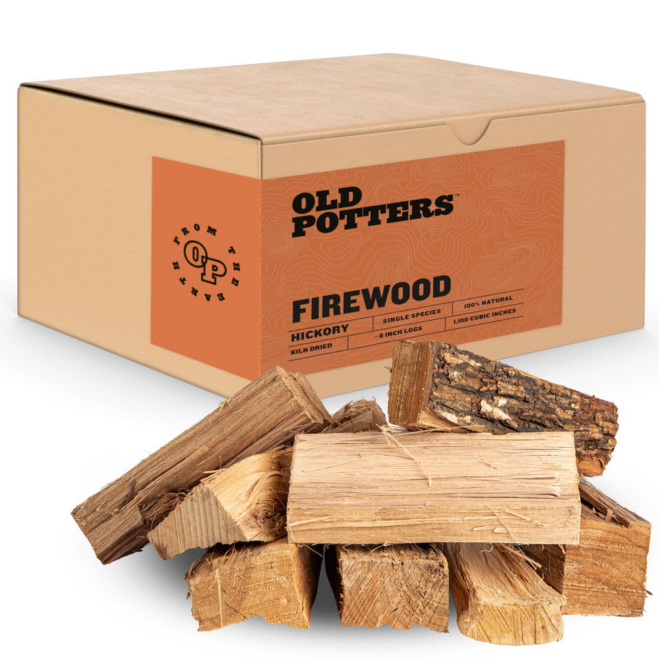 Old Potters Hickory kiln-dried log bundle for easy lighting and strong grill flavor.
