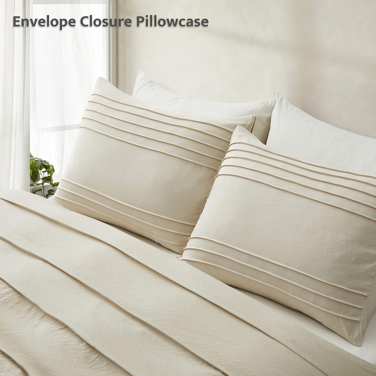 Oli Anderson bedroom scene with beige bedding for a calm look.
