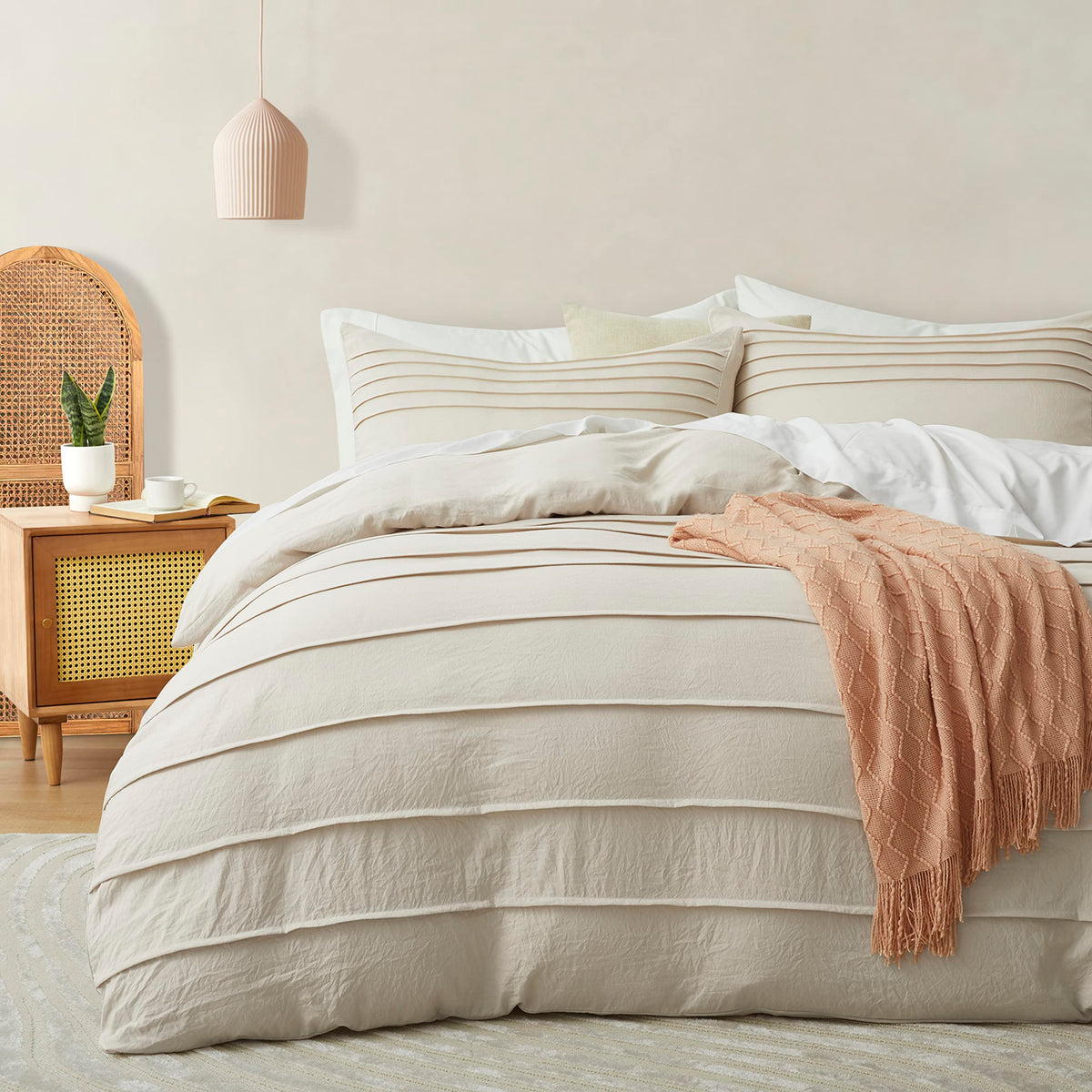 Oli Anderson beige duvet cover pleated front view adds textured elegance.