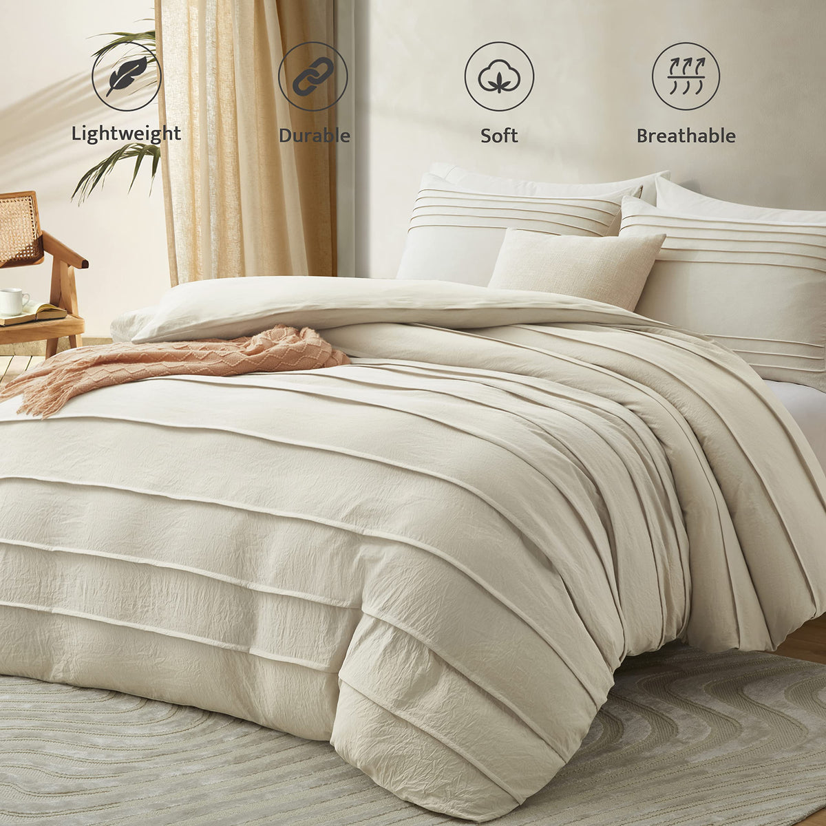 Oli Anderson beige duvet cover pleated texture close-up shows premium fabric.
