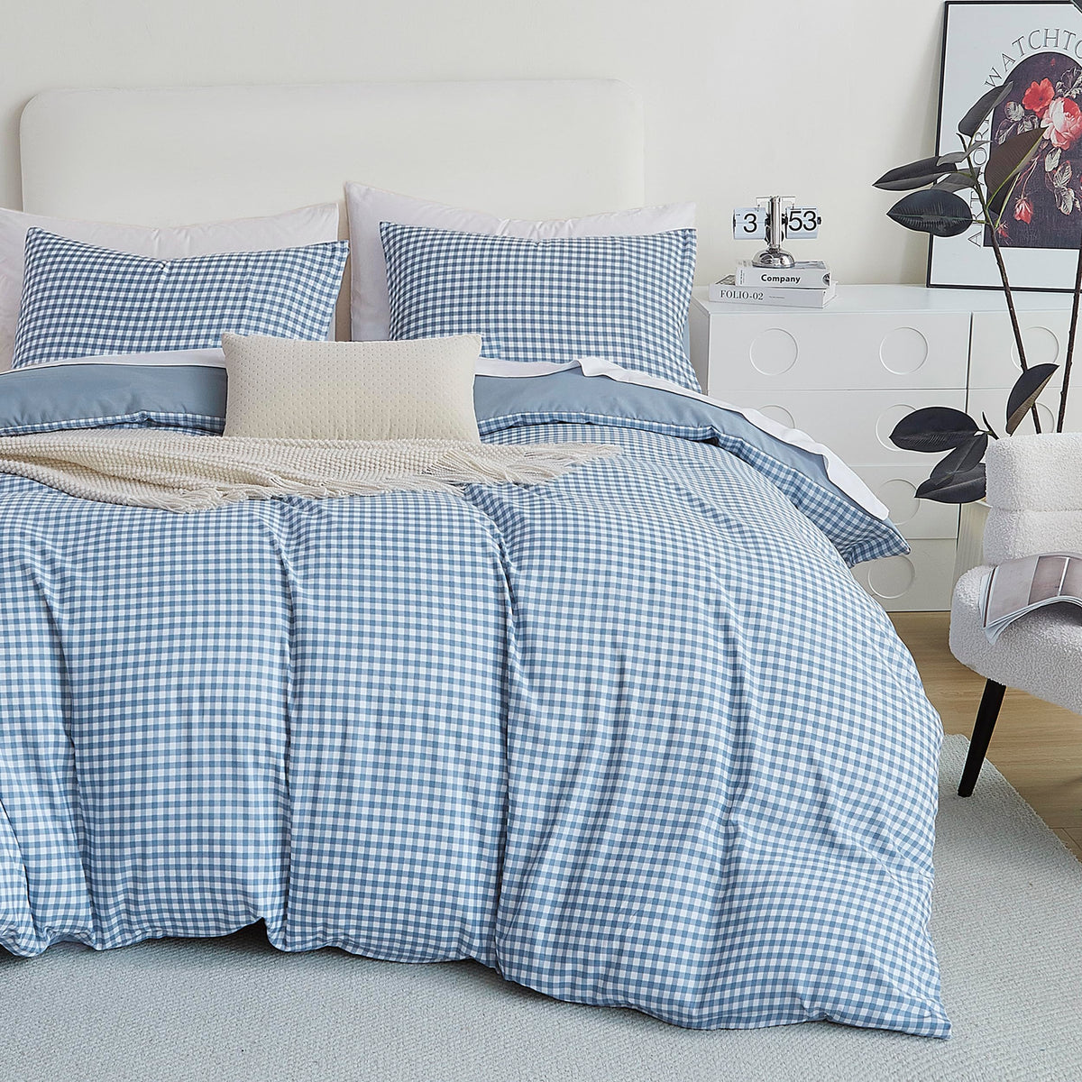 Oli Anderson King Comforter Set on bed with gingham pattern for year-round comfort.