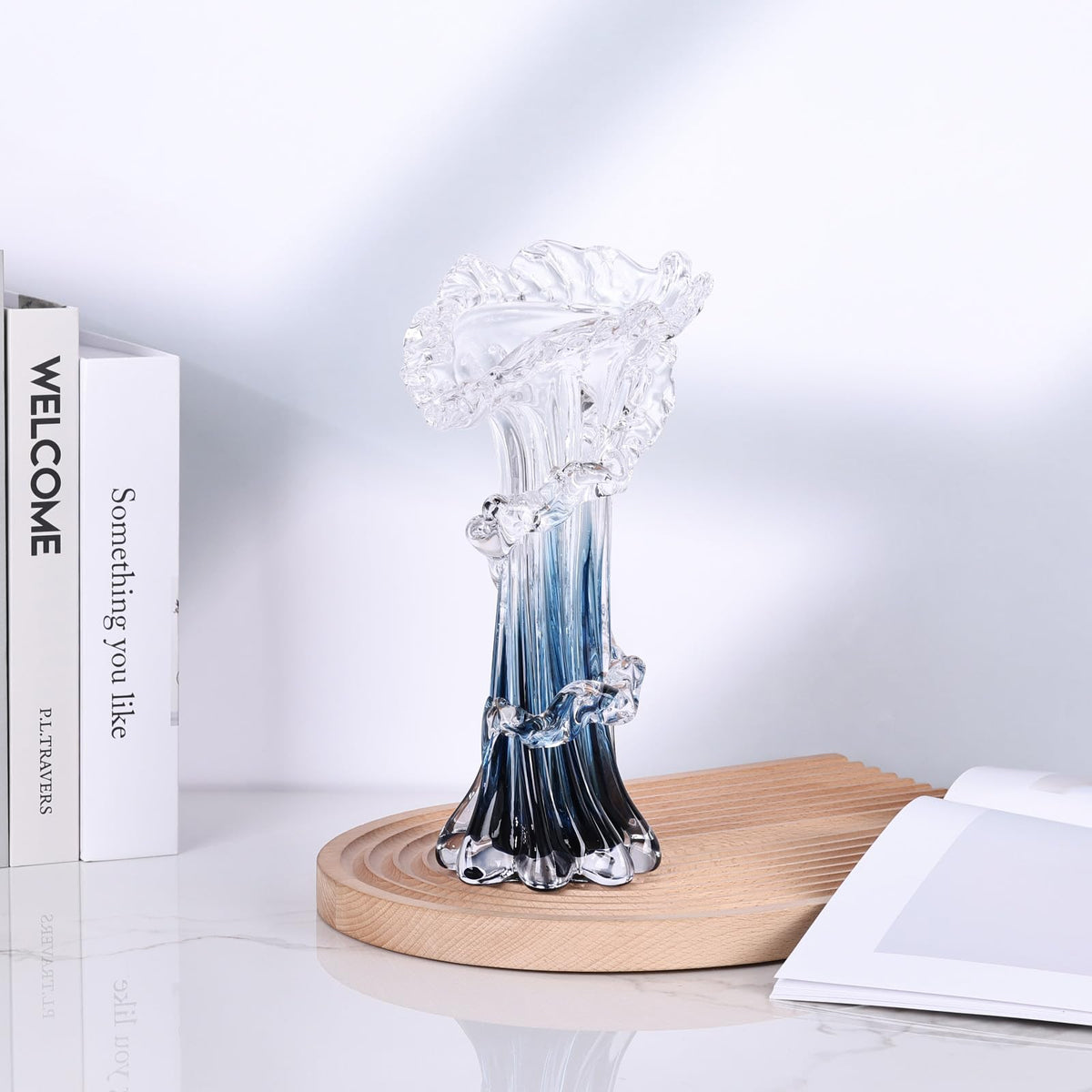 oliruim ocean-wave blue glass vase highlights artistry and creates a focal point on shelves.