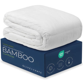 Olive + Crate cooling-down comforter outer shell shows breathable bamboo viscose for cooler nights.