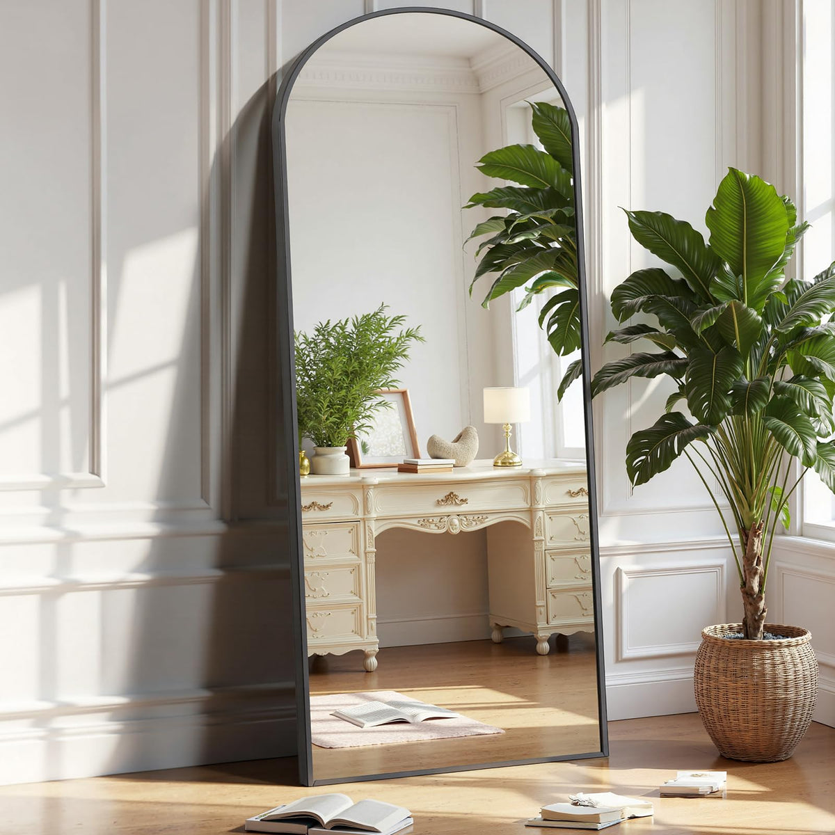 OLIXIS Black Arched Full Length Mirror with stand for easy dressing and room decor.