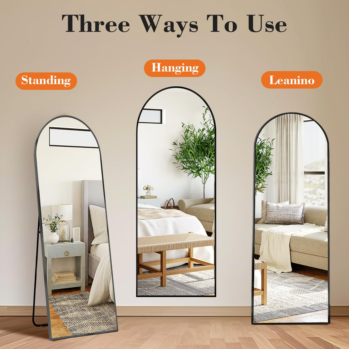 OLIXIS Front view of the arched full-length mirror highlighting slim frame.