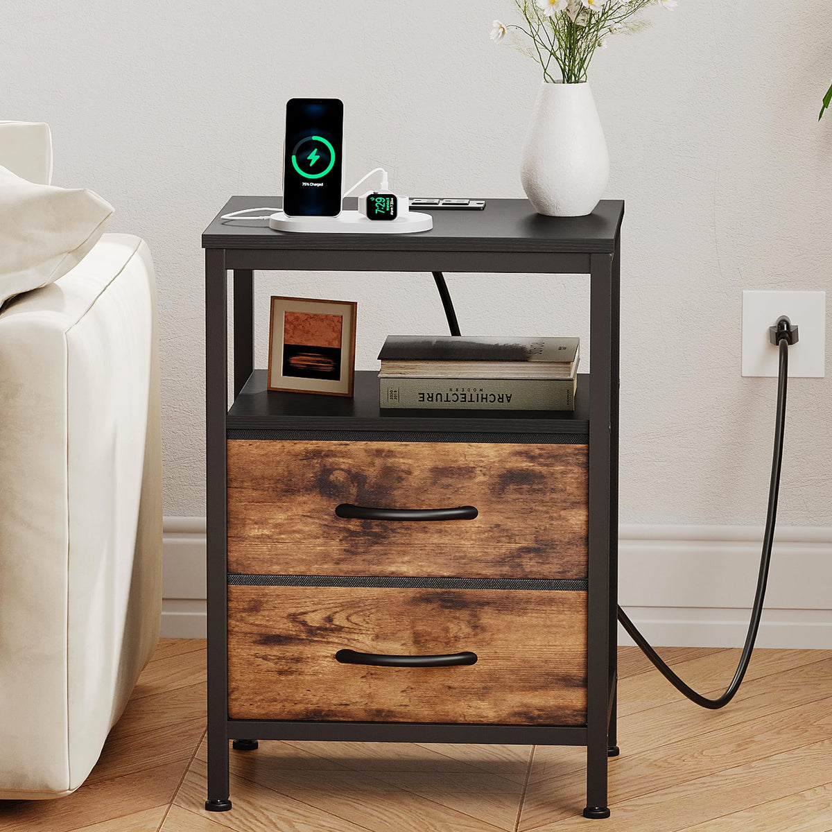 OLIXIS Nightstand USB/A/C outlets—side view highlights clutter-free bedside charging setup.