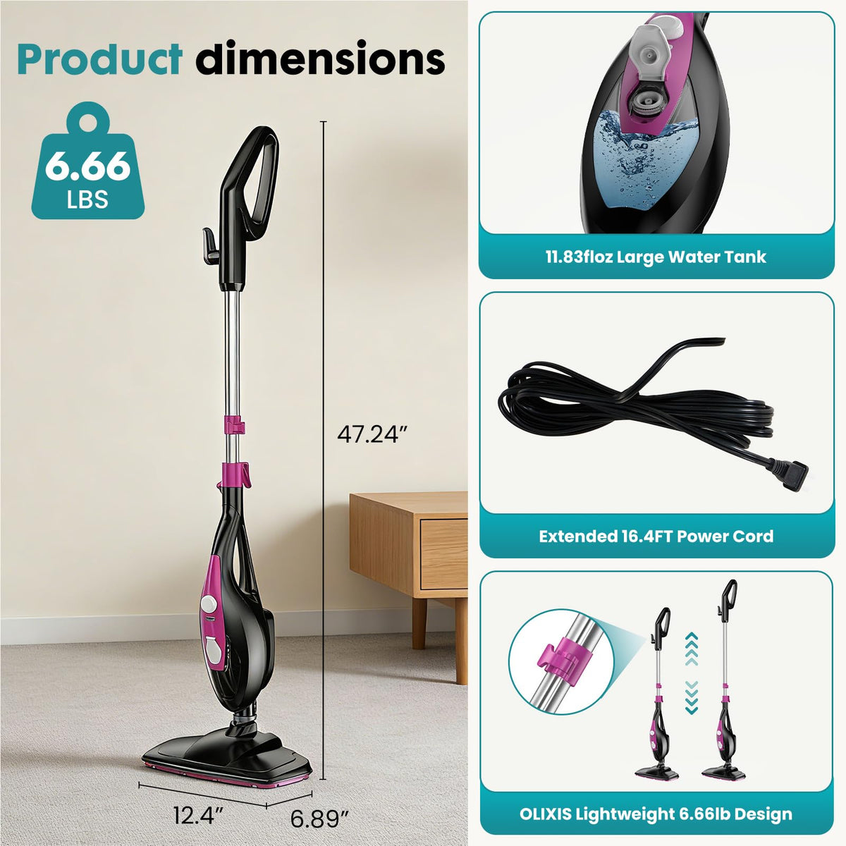 OLIXIS steam mop showing 16-foot cord for broad room coverage