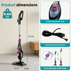 OLIXIS steam mop showing 16-foot cord for broad room coverage