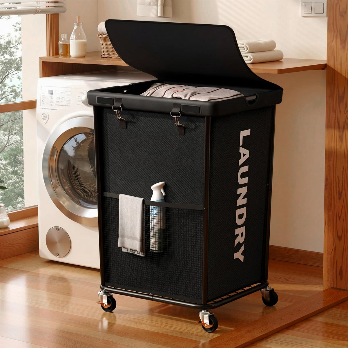 Olldide 150L laundry basket with wheels enabling effortless mobility on all floors.