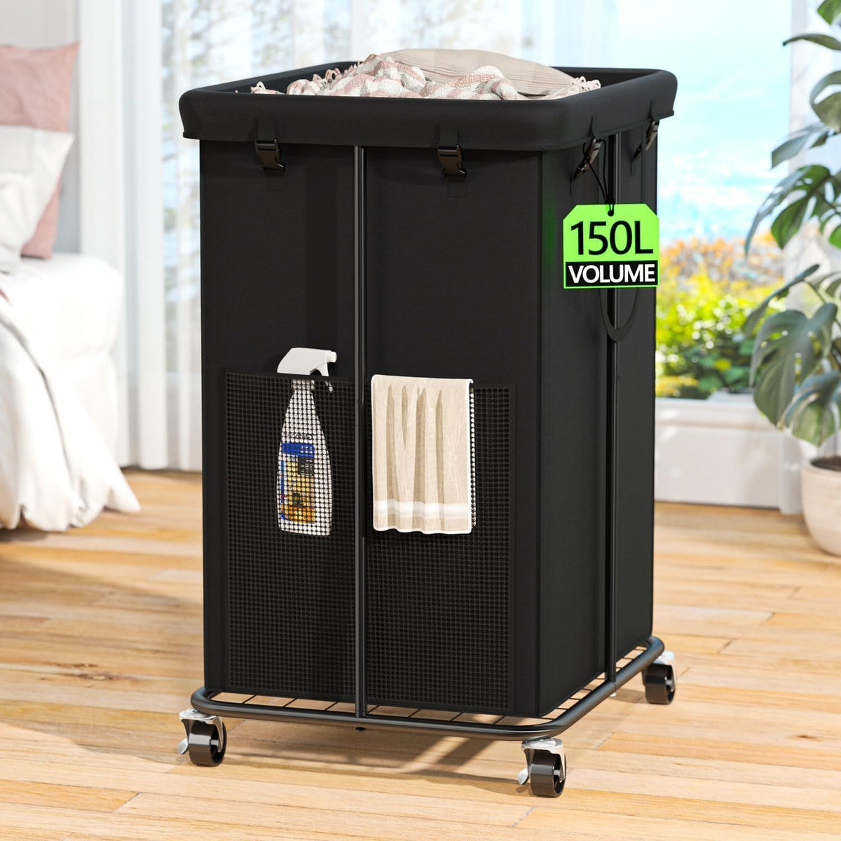 Olldide 150L laundry hamper with wheels on hardwood floor for easy transport.
