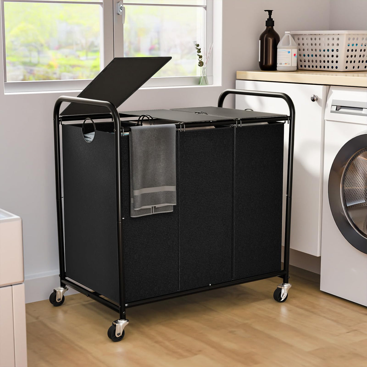 Olldide 180L laundry sorter with wheels and lid enables easy, odor-free laundry organization.