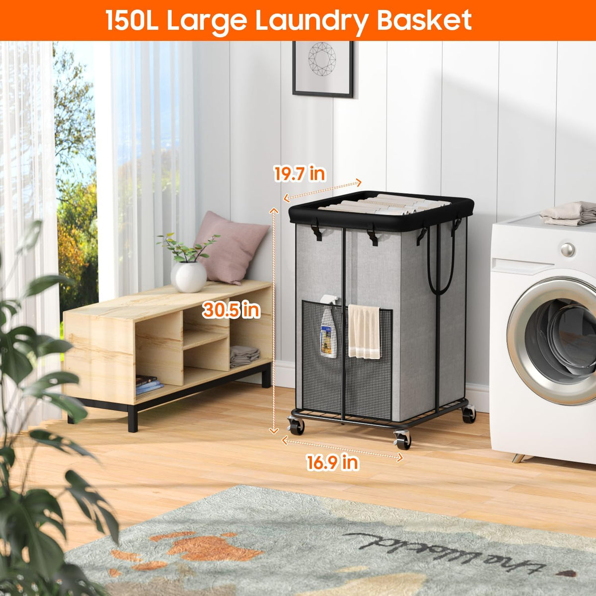 Olldide rolling hamper side profile with lockable wheels for stability