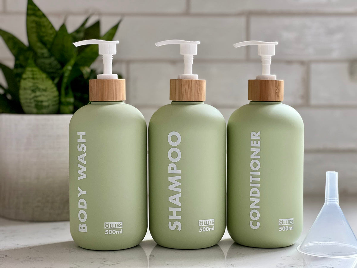 OLLIES green bottle set ideal for gift-ready bathroom organization.