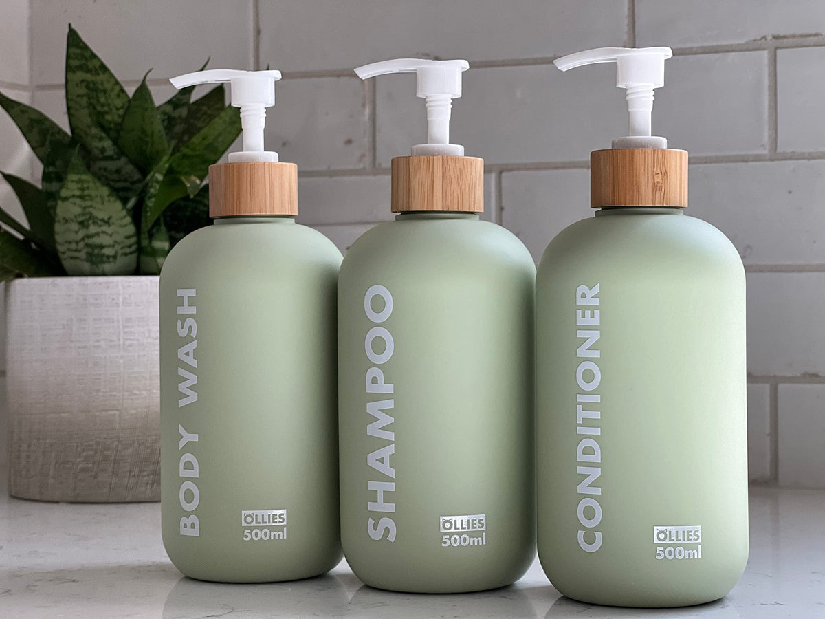 OLLIES refillable bottles promote clutter-free shower routines.