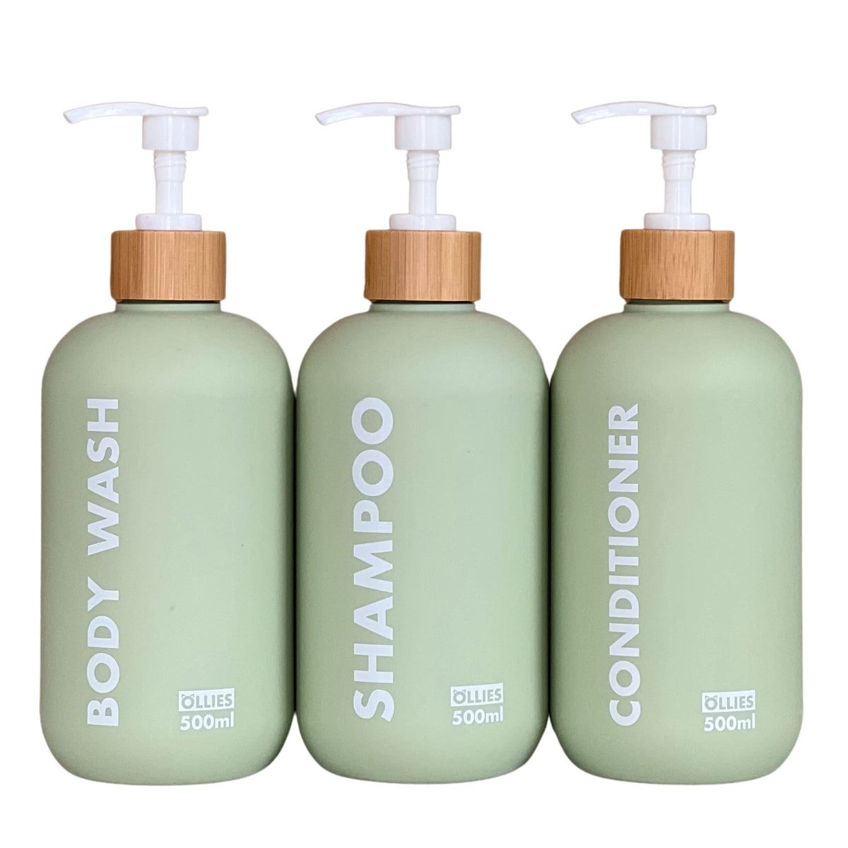 OLLIES shampoo dispenser front view in green for organized bathroom storage.