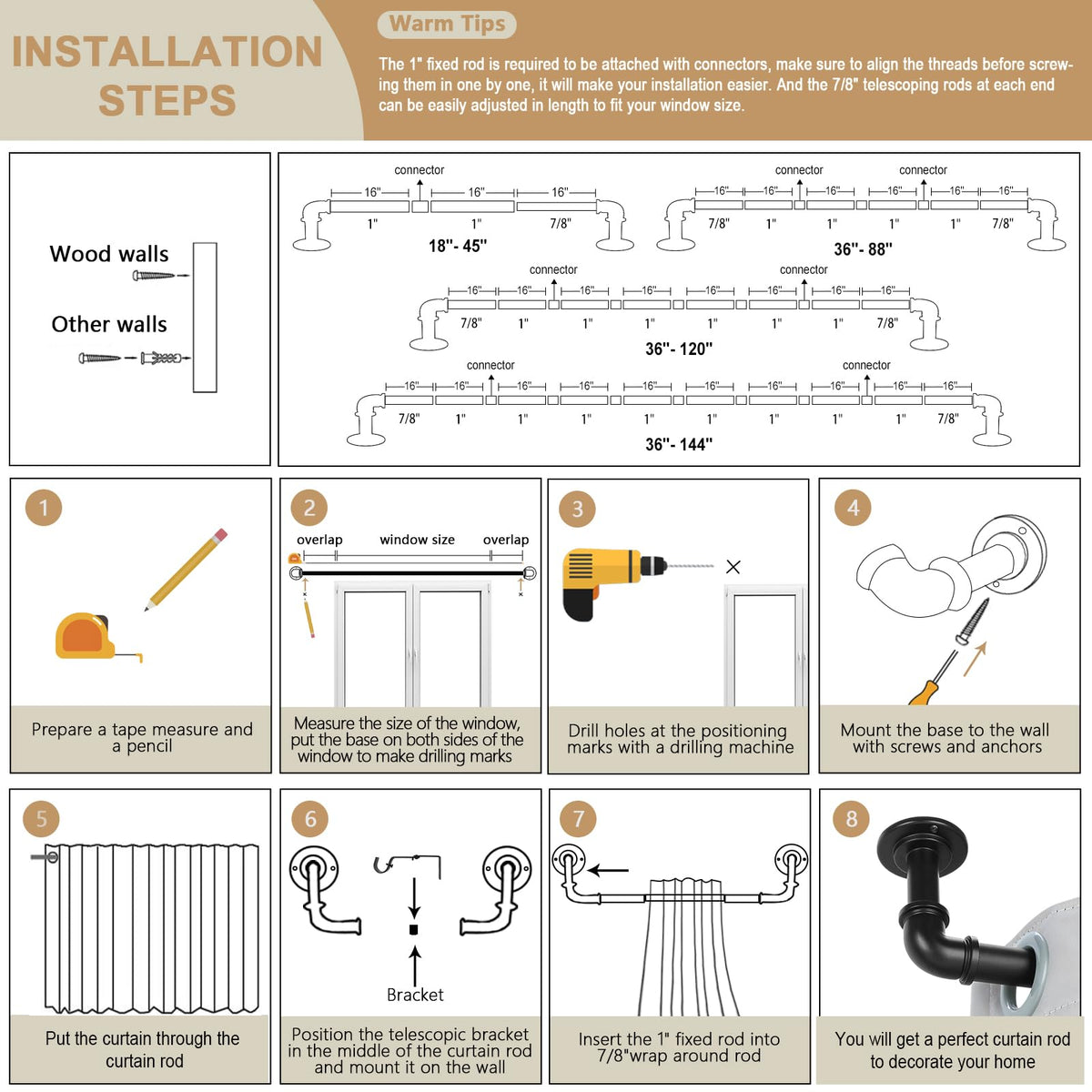 OLV curtain rod extended to 36-88 inches for wide windows.
