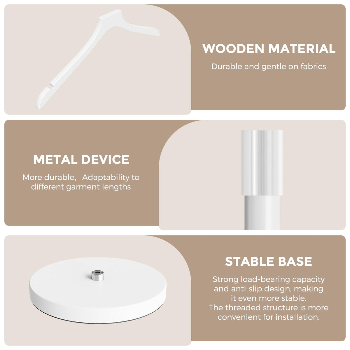 OLV white dress form base and wooden hanger provide a warm display touch