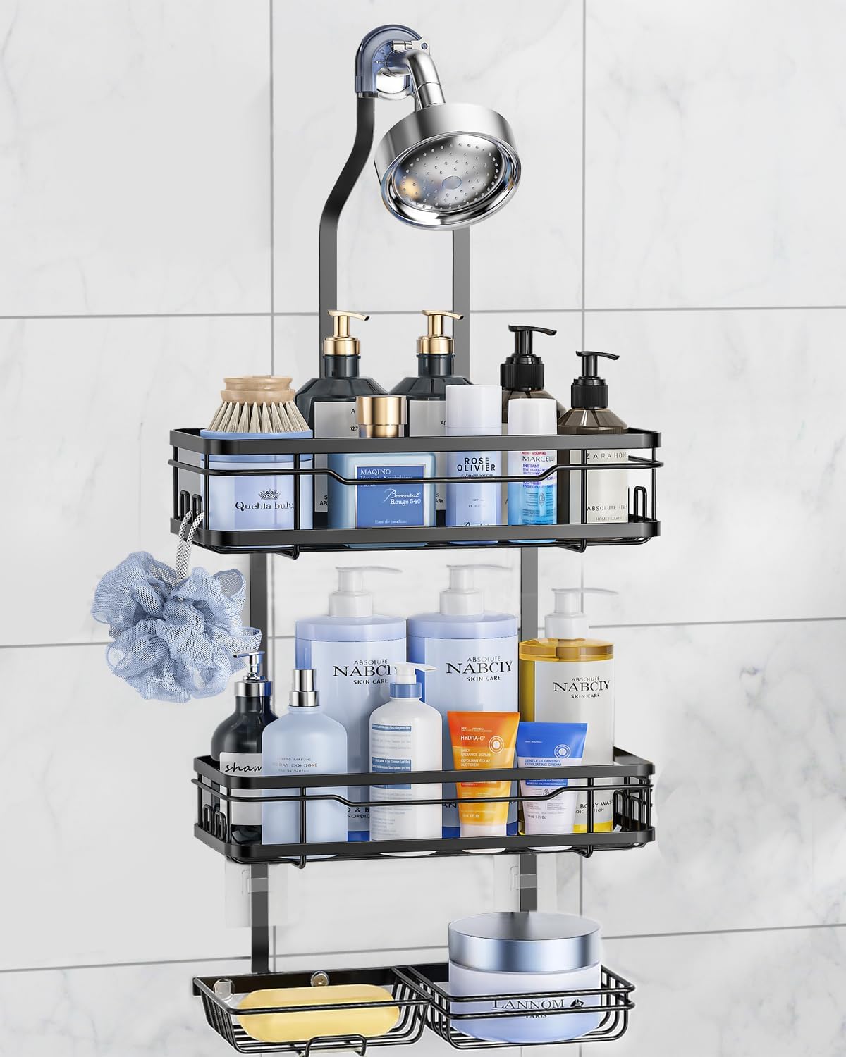 OMAIRA shower caddy hangs over the shower head for easy access to bottles.