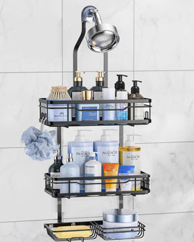 OMAIRA shower caddy hangs over the shower head for easy access to bottles.
