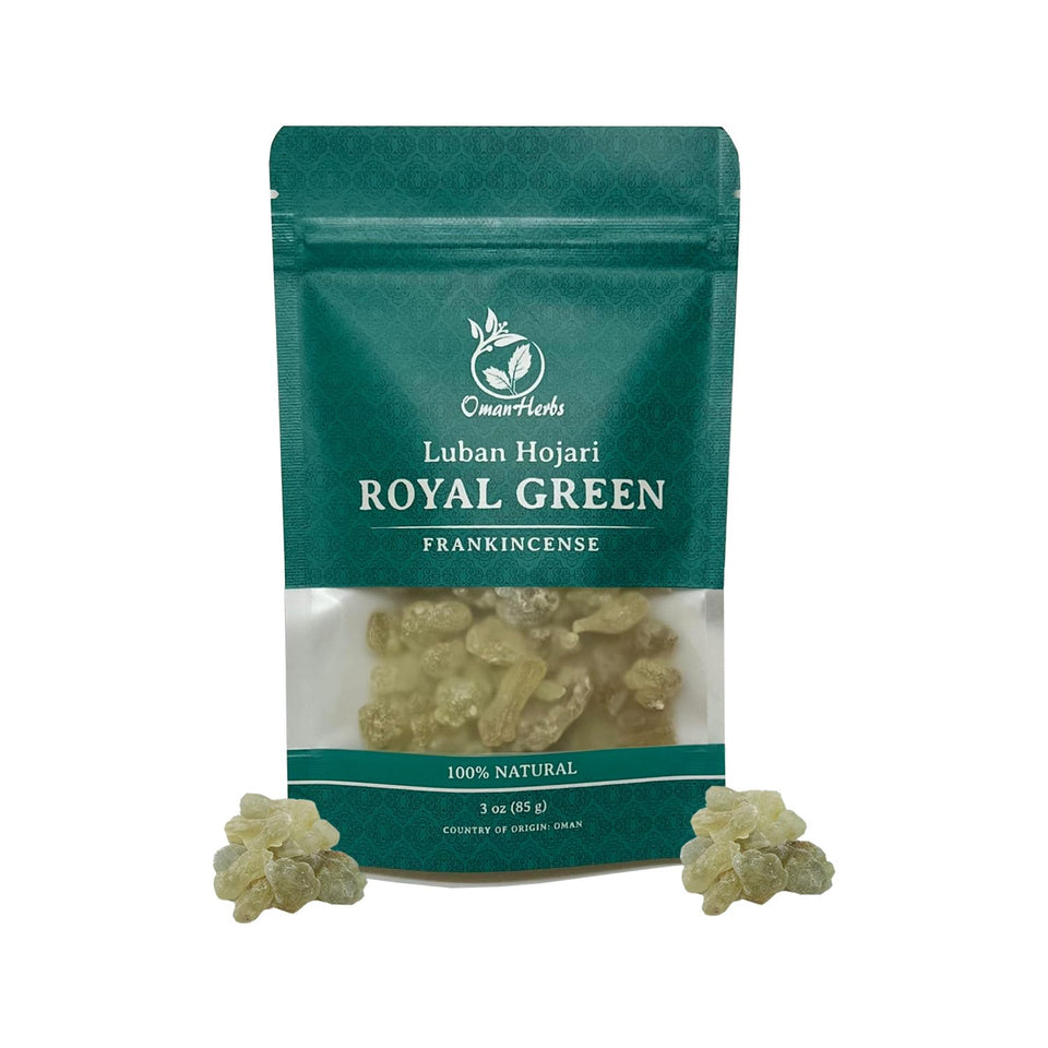 Oman Herbs Royal Green Frankincense Hojari resin chunks ready to burn for a calming aroma.