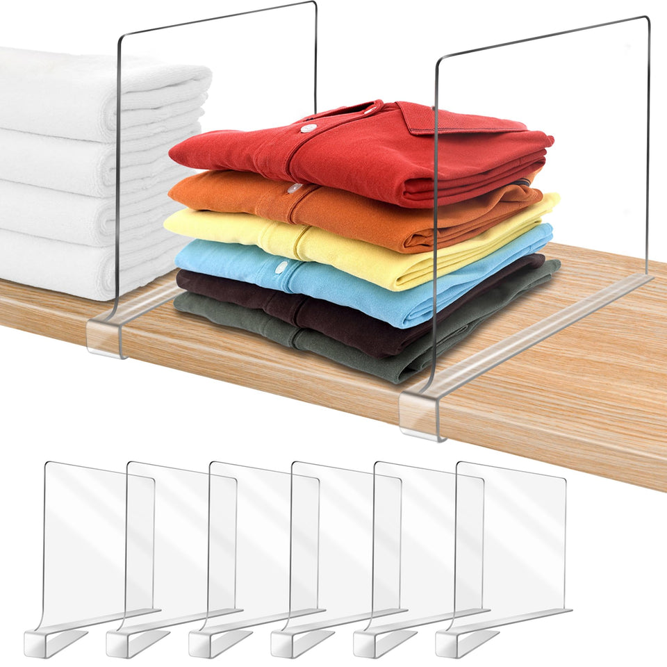OMGelic 12-inch extra tall clear shelf divider keeps sweaters organized on a closet shelf.