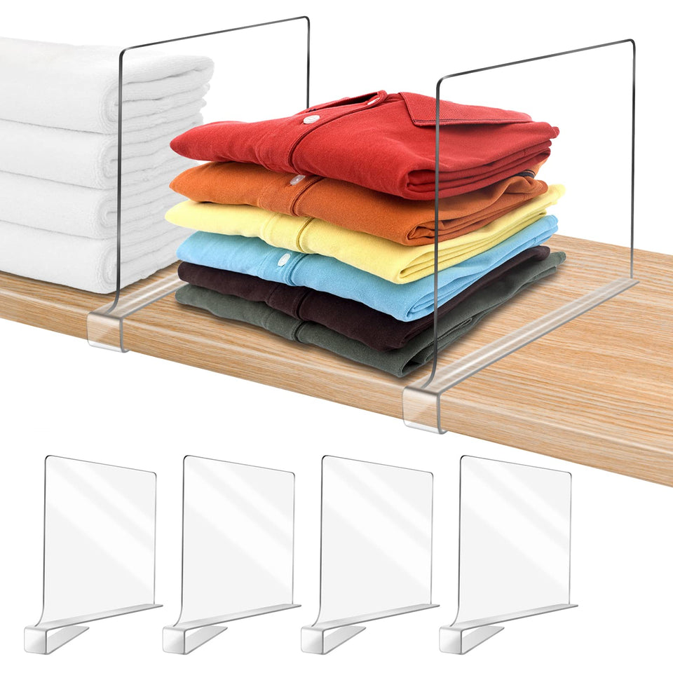 OMGelic acrylic shelf divider on closet shelf for closet-organization; keeps stacks tidy.