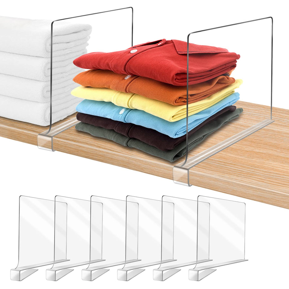 OMGelic acrylic shelf divider on a wood shelf showing organized storage and easy access
