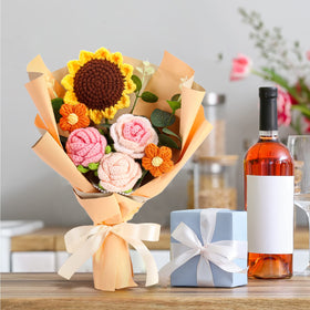 Omldggr handmade crochet bouquet closeup emphasizes artisanal craftsmanship.