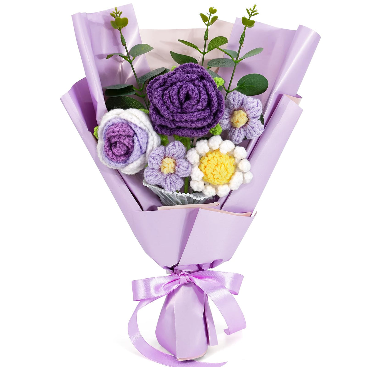 Omldggr purple crochet bouquet with vibrant flowers for lasting decorative impact.