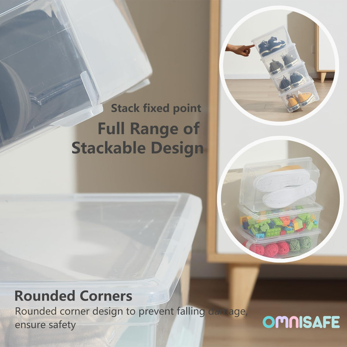 OMNISAFE stackable shoe organizer fits closets for efficient space management.