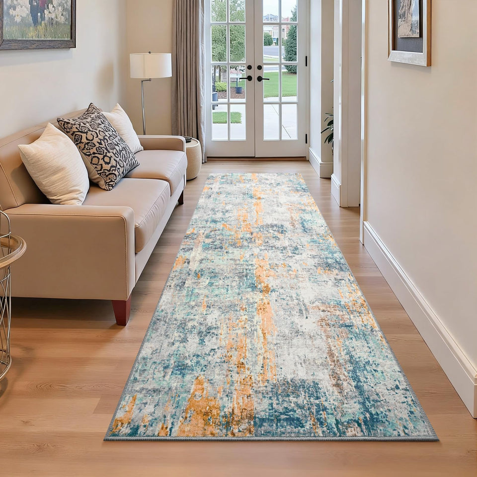 Ompaa 2x6 rug runner with abstract blue pattern for hallways, non-slip.
