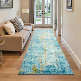 Ompaa 2x6 teal blue rug runner in hallway with soft underfoot comfort.