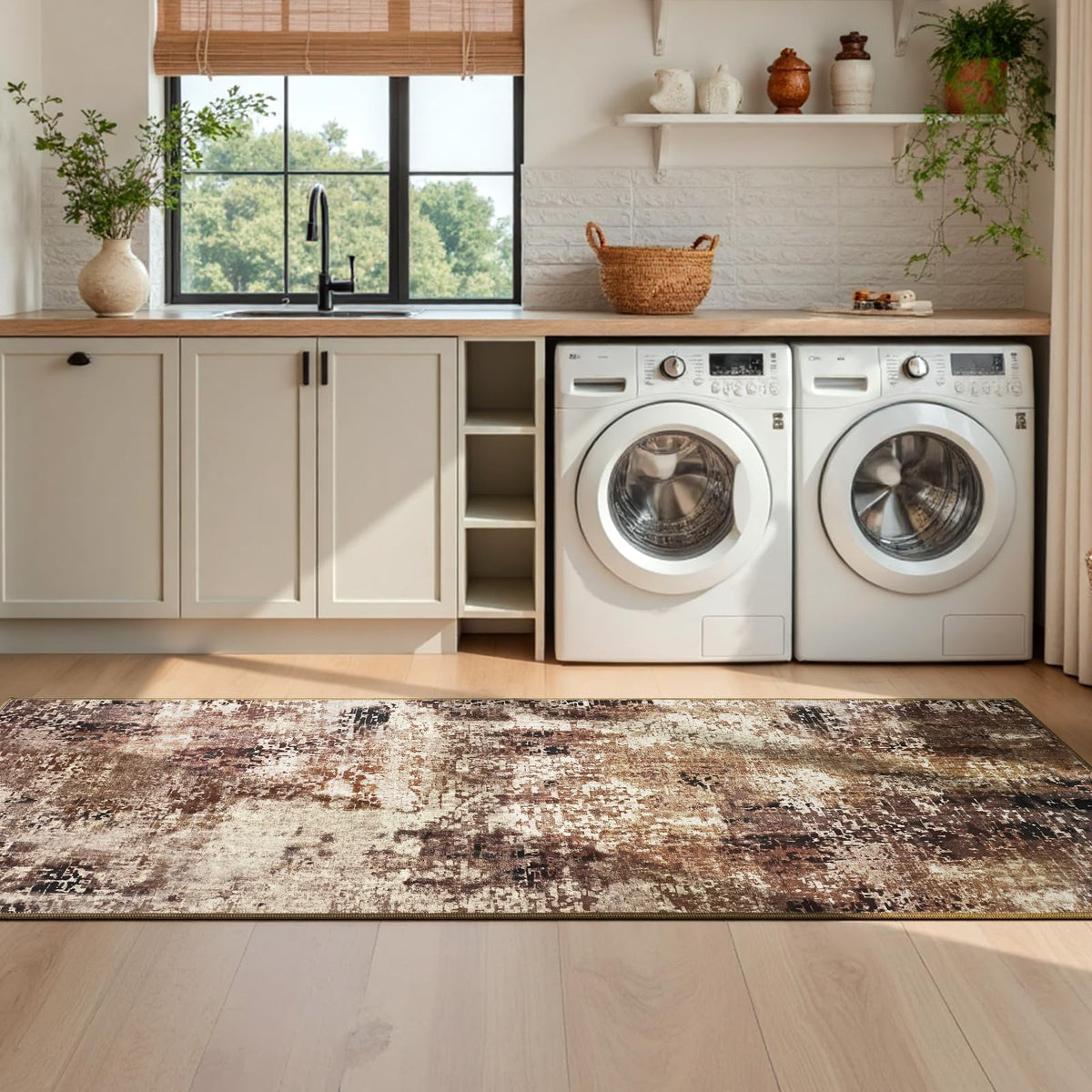 Ompaa low-pile rug fits under furniture and works with robotic cleaners.