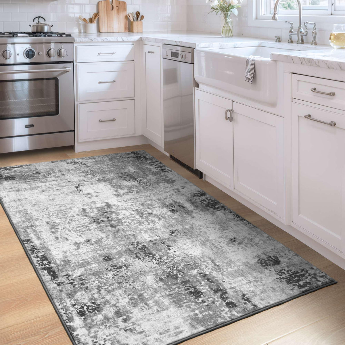 Ompaa non-slip backing rug stays securely in place on smooth floors.
