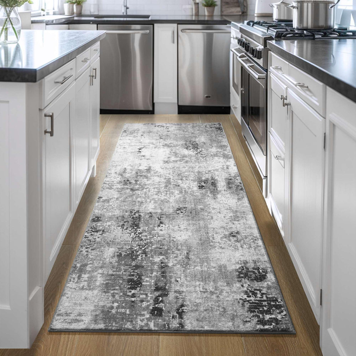Ompaa kitchen runner with non-slip back reduces skidding on smooth floors.