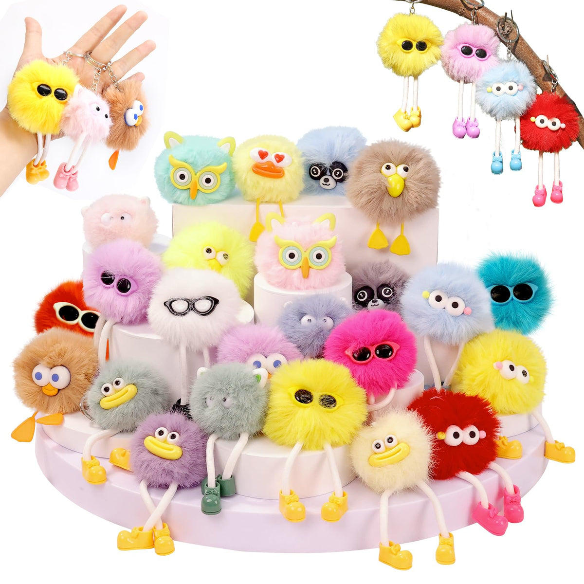 OMyFav 24pc fluffy plush keychains for party favors and classroom prizes.