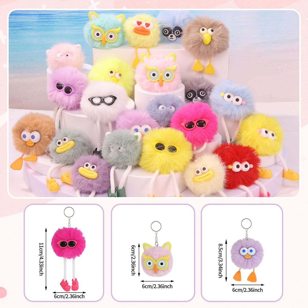 OMyFav fluffy plush keychains with soft texture, ideal backpack charms for kids.
